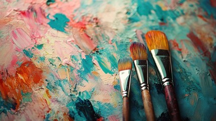 Fototapeta premium Three paintbrushes rest on a colorful palette with dried paint.