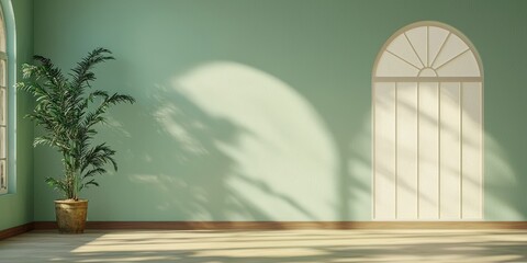 Fototapeta premium A serene, minimalist room featuring a green wall, wooden flooring, a decorative plant, and a stylish arched door with natural light casting soft shadows.