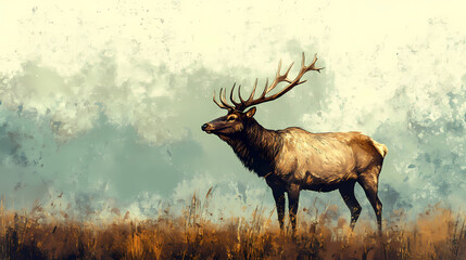 A majestic elk standing in a field, gazing to the right, elk, field, nature, wildlife, majestic, animal, antlers, outdoor. Majestic. Illustration