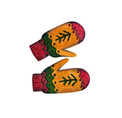 Watercolor illustration of knitted mittens with ornament