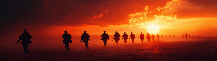 Fototapeta premium team of military soldiers moving in formation during sunset, creating dramatic silhouette against vibrant sky. scene evokes sense of unity and determination