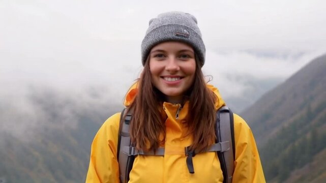A cheerful woman in a yellow rain jacket stands in a foggy mountain landscape.