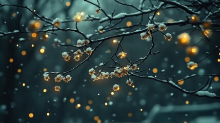 A close-up of a snow-covered tree branch with warm, glowing lights in the background. The branches are bare and the snow is falling gently, creating a magical and serene winter scene.