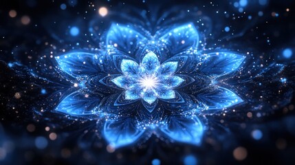 A glowing blue fractal flower with sparkling particles against a dark background.