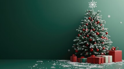 A Christmas tree with snowflakes, some gifts and mistletoe, The scene should be on the side and use the colors of Christmas, green and red 