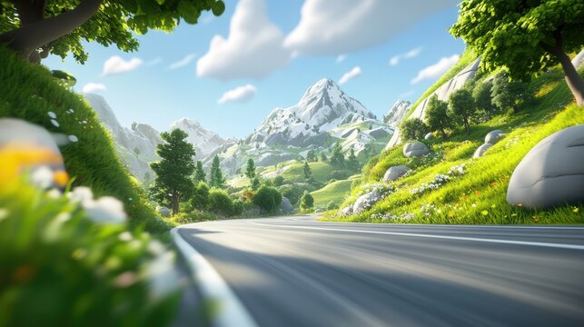Mountain road captured in high speed motion blur emphasizing dynamic travel experience