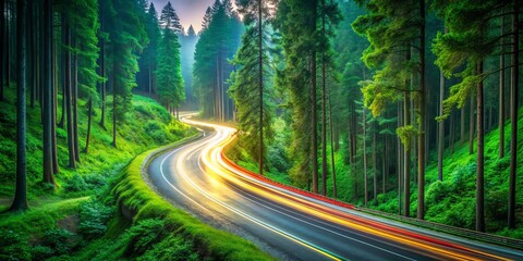 Fototapeta premium New Year 2025 Concept: Embracing Nature on a Serene Road in a Lush Green Forest for a Fresh Start on the Journey Towards Environmental Awareness and Sustainable Travel