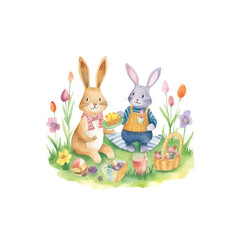 Happy Easter Bunnies Enjoying a Picnic in a Meadow