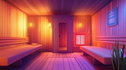 Fototapeta premium Interior view of a cozy wooden infrared sauna featuring softly lit ambiance and comfortable benches for relaxation