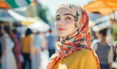 Obraz premium Young woman wearing a colorful headscarf.