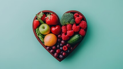 Heart Shaped Arrangement of Colorful Organic Fruits and Vegetables as a Symbol of Healthy Lifestyle Nutrition and Holistic Wellbeing to Reduce Heart Disease Risk