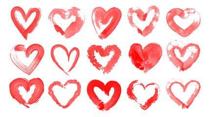 Hearts symbols icons watercolor brush drawing set isolated on white background.Hand-drawn various grunge hearts stickers badges emblems logo designs. Wedding or Valentine's design elements. .Vector