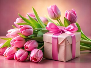 Fototapeta premium Panoramic View of Pink Tulips Surrounding a Beautifully Wrapped Gift Box with Ribbon on a Soft Pink Background, Perfect for Celebrations and Special Occasions