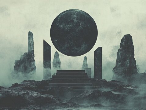 Minimalist Techno Album Art: Dark Sphere and Foggy Landscape - Powered by Adobe