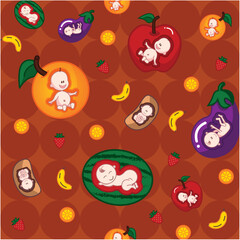 Vector pattern children's print happy babies fun and fruits watermelon orange apple beans banana eggplant dark background