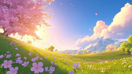 Fototapeta premium Rural landscape featuring a blooming grassy meadow at sunset showcasing stunning natural beauty with fluffy clouds in a clear blue sky