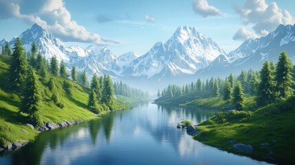 Serene mountain river winding through lush green valleys and forests reflecting snow capped peaks and inviting tranquility