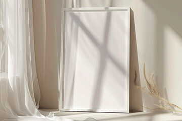 square white frame white with thick border blank canvas on beige wall mockup bright light soft