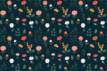 Fototapeta premium Vintage seamless floral pattern. Small flowers scattered over green background. Realistic flowers. Vector illustration