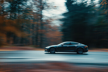 Fototapeta premium fast moving car creates motion blur on winding road surrounded by trees