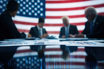 Business professionals discussing financial reports with American flag backdrop