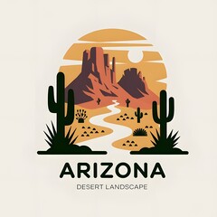 Arizona state sign. Arizona illustration for logo, poster,  poster, icon, t-shirt, clothes, sign, background. Arizona logo isolated on white. Arizona sunset with silhouettes of cactuses and canyon.