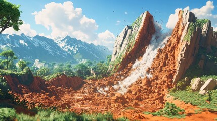 Fototapeta premium Severe landslide affected mountains after heavy rainfall showcasing nature s power and terrain instability