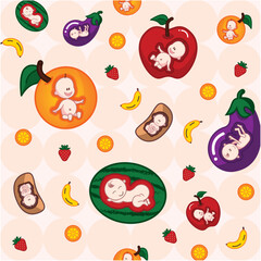 Vector pattern children's print happy babies fun and fruits watermelon orange apple beans banana eggplant dark background
