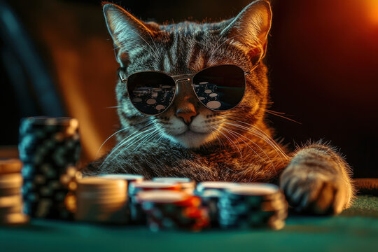 stylish cat wearing dark sunglasses, exuding cool vibe at poker table