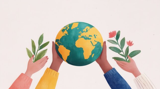 Diverse hands of different ages and backgrounds coming together to hold a symbolic world icon representing the concept of unity global worldwide connection