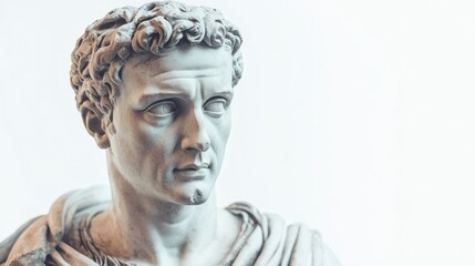 A detailed marble bust captures the essence of ancient Roman artistry. The figure embodies strength and wisdom through meticulously carved features. Generative AI