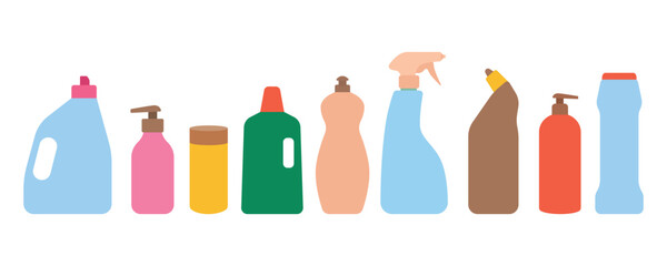 Household chemicals, cleaning products set. Various plastic bottles and jars with a dispenser or sprayer. Flat vector illustration in clip art style for background or banner