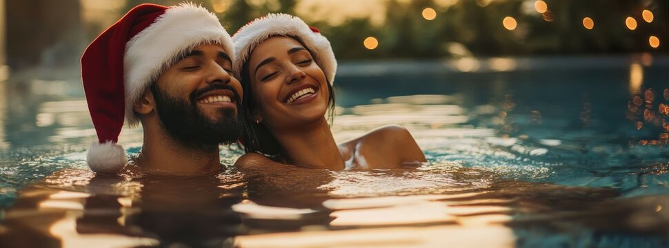 Banner of a young couple in Santa hats enjoying a relaxing time in a spa swimming pool with a romantic vibe. Perfect for holiday romance and wellness at christmas concepts.