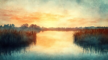 Fototapeta premium A tranquil lake with tall grass and a misty sunrise.