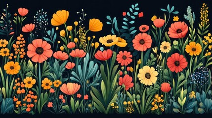 A seamless pattern of colorful flowers and leaves on a black background.
