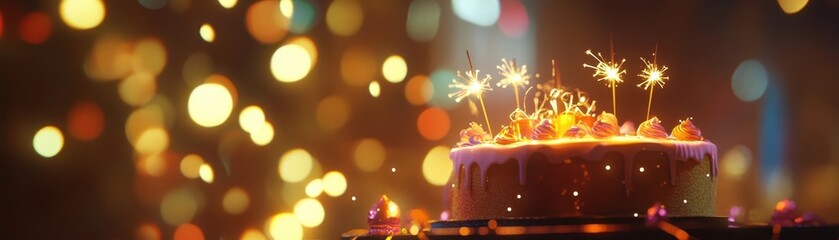 Magical Birthday Cake with Vibrant Sparklers in Cozy Nighttime Scene