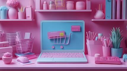 Create a vibrant online shopping experience with a modern pink desktop setup featuring a laptop and shopping cart