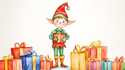 Naklejka premium Elf with gift, surrounded by colorful presents, holiday cheer