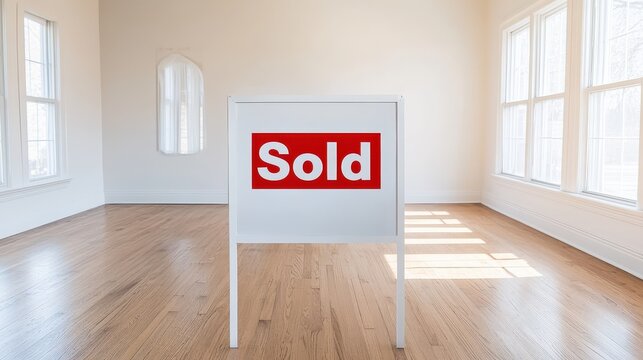 This image depicts an empty living room with a Sold sign symbolizing the successful purchase of an affordable home through a mortgage
