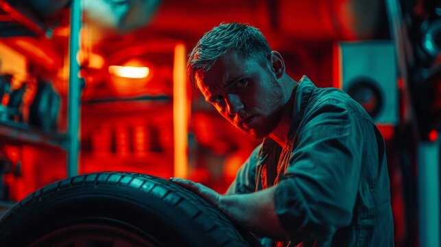 A mechanic in a vibrant and dramatic workshop setting. The image captures focus and intensity while working on a tire. A perfect blend of art and mechanics. Generative AI