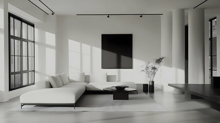 Fototapeta premium Bare-Bones Minimalist Monochrome Living Room with Black and White Palette, Clean Lines, and Sparse Decor