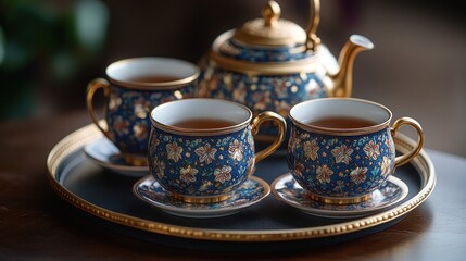 A close-up of a traditional Thai tea set with a teapot and three cups filled with tea on a silver tray.