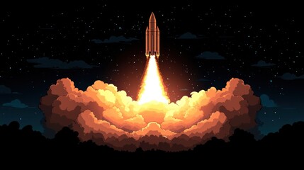 Obraz premium Pixelated rocket ship launching into space at night with clouds and stars.