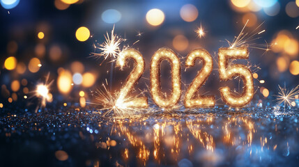 Happy New Year 2025 in bright, sparkling fireworks against a dark background, with glittering particles and radiant colors lighting up the night, New Year 2025 sparkler