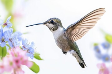 Naklejka premium Hummingbird in flight near pink and blue flowers.