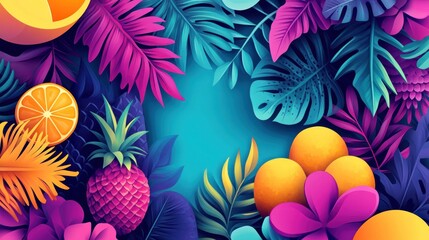 Vibrant tropical leaves, pineapple, and citrus fruits arranged around a blue background with copy space.