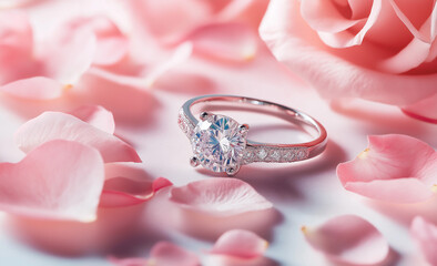 A pair of golden wedding rings rests on top of an elegant ring box, surrounded by soft pink flowers and delicate petals