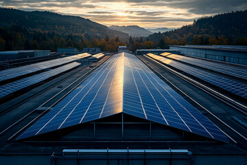 Fototapeta premium Solar panels capture sunset light on a rooftop in the mountains