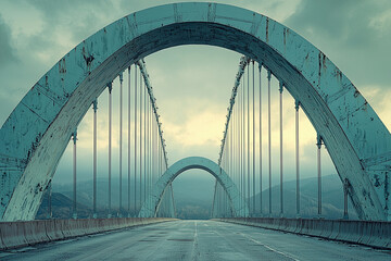 Obraz premium Rusty arch bridge stretching over a quiet highway at dusk
