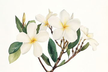 white plumeria on a white background clipart, watercolour gouache textured paper, naive folk art storybook style
